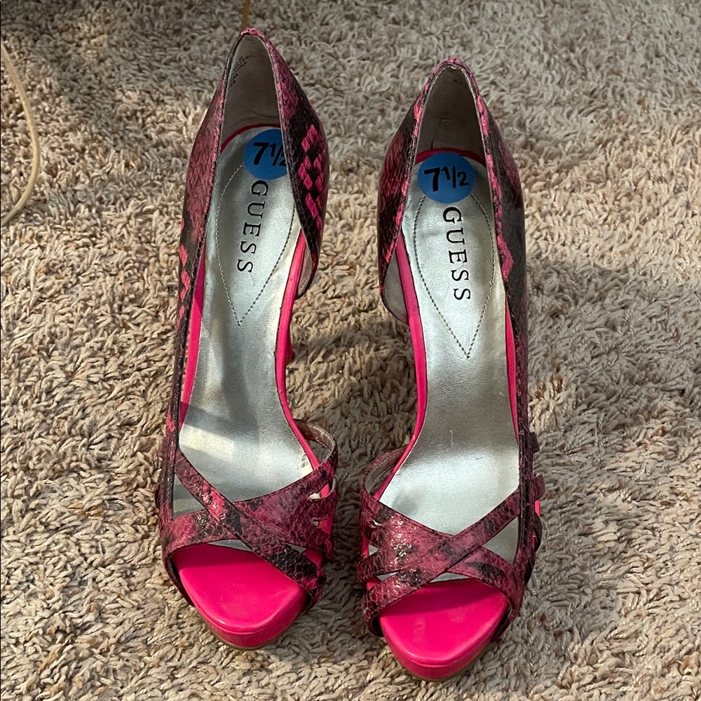 GUESS Pink Snakeskin Peep-Toe Heels with Crossover Straps